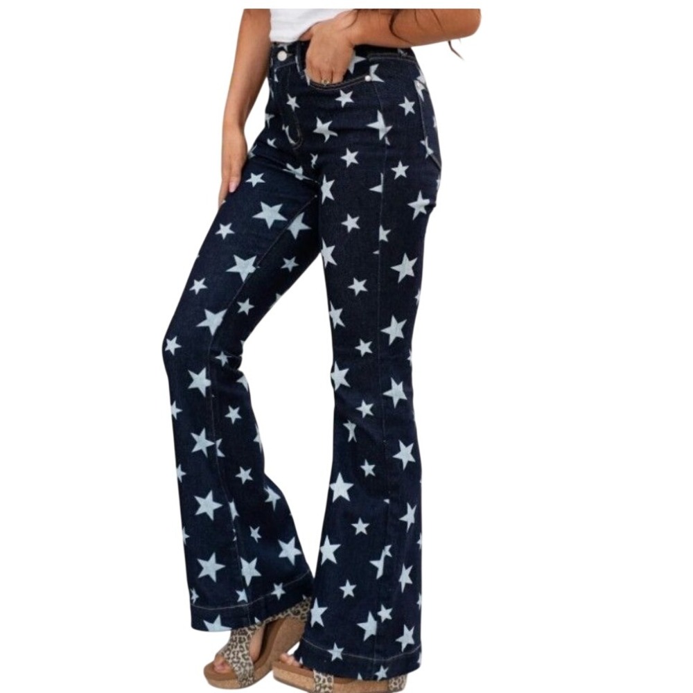 NEW Judy Blue 15/32 High Waist Flare Star Print Jeans Dark Blue JB88662